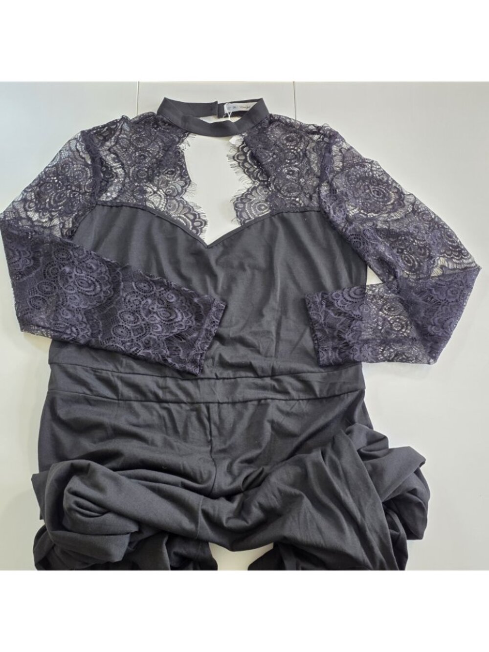 Rosegal Jumpsuit NWT Plus Size 2XL Black Eyelash Lace LS Wide Leg Evening Party - Picture 15 of 16